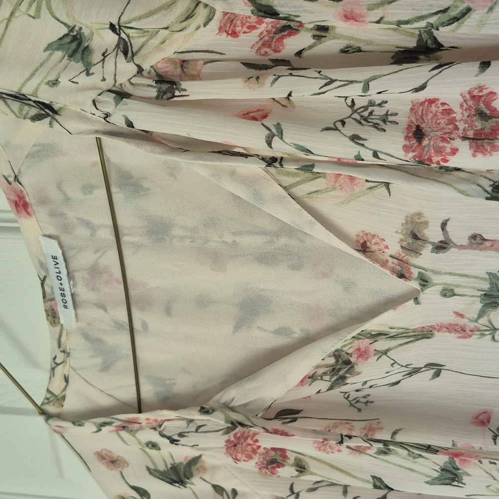 Rose + Olive Floral Long Sleeve Blouse | Cream Sheer Lined Top | Size Small - Picture 11 of 17